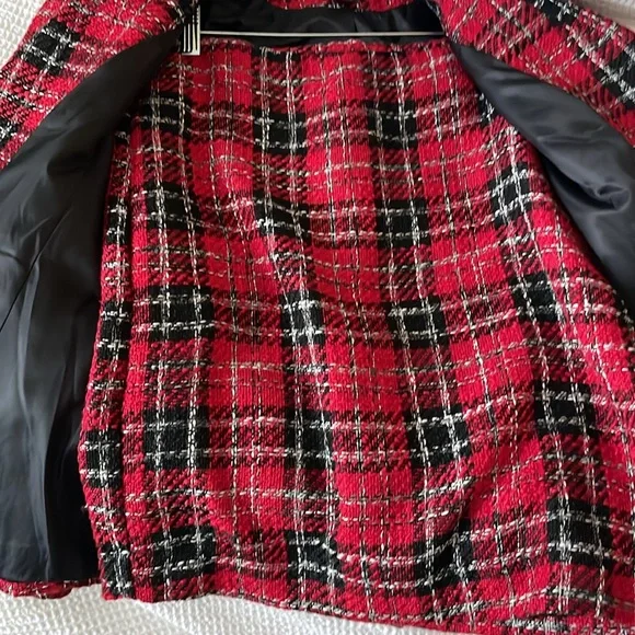 Rachel Zoe red plaid tweed skirt suit - Picture 2 of 5